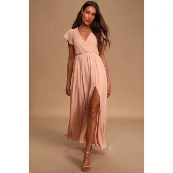 Lulus Lost in the Moment Short Sleeve V-Neck Slit Maxi Dress Blush Pink - Picture 1 of 12